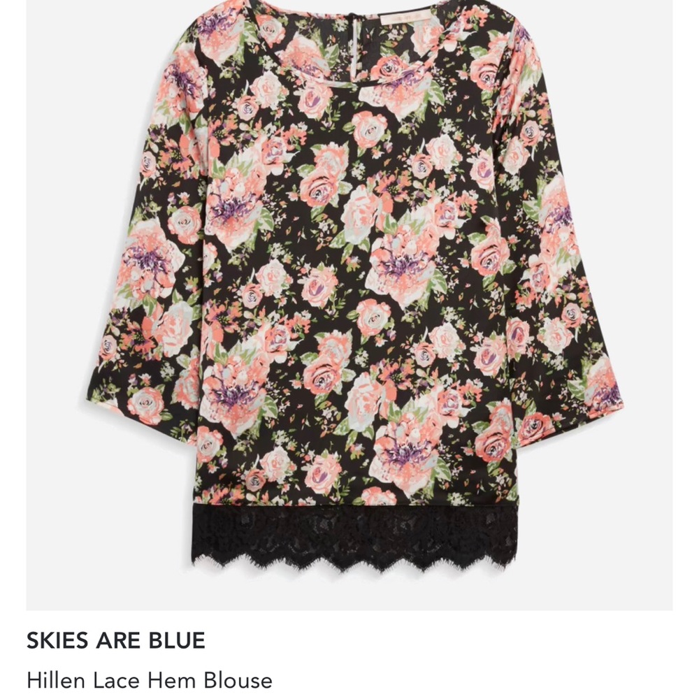 Skies are blue, large floral lace hem blouse